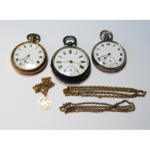 54 - Two gold necklets, one with pendant, '9c', and another, gilt metal, 7g, and three watches.  (6)