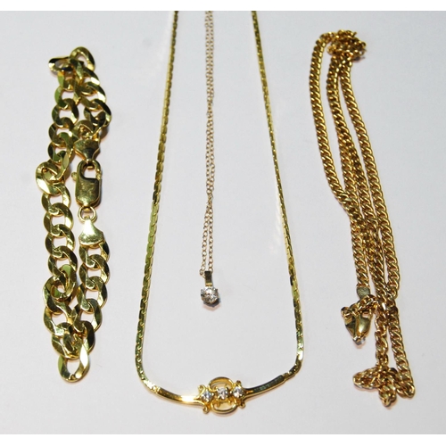 56 - Two 9ct gold necklets, another, and a similar curb bracelet, 15g.   (4)