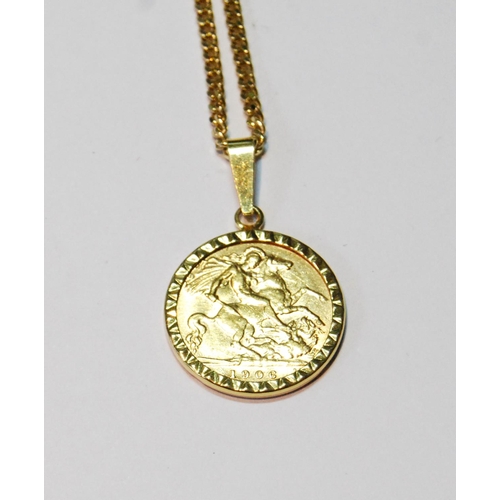 68 - Half sovereign, 1906, on 9ct gold detachable mount and necklet, 13g.