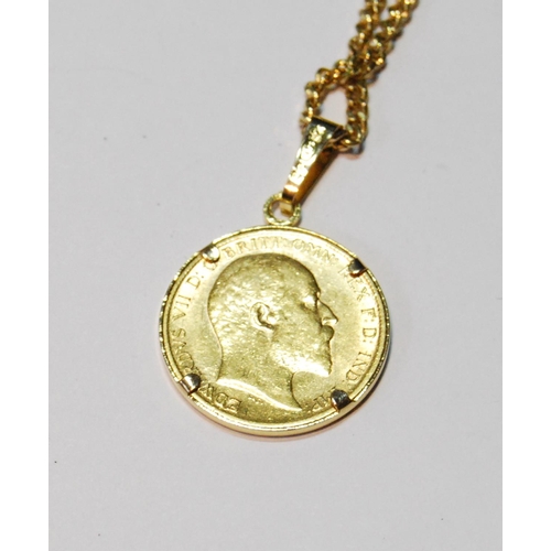 68 - Half sovereign, 1906, on 9ct gold detachable mount and necklet, 13g.