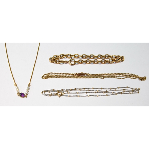 69 - Gold bracelet, a necklet with amethyst and pearl centre and two others, 17g.  (4)