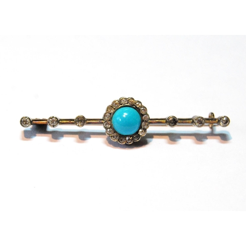 71 - Victorian gold bar brooch with turquoise and diamond cluster and diamond collets upon knife edge.