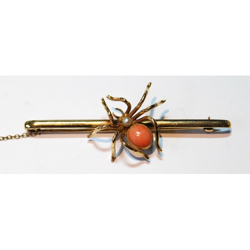 75 - Victorian large bar brooch with coral and pearl spider, probably 15ct gold, 9g.