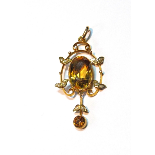 80 - Citrine and pearl openwork pendant in gold.