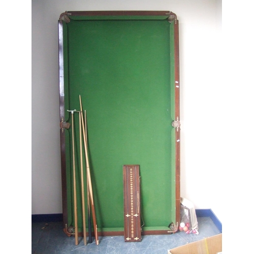 404 - Half-size table-top billiard table with slate base, balls and cue.