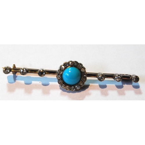 71 - Victorian gold bar brooch with turquoise and diamond cluster and diamond collets upon knife edge.