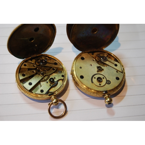 116 - Two Geneva cylinder watches in gold open face cases, '18k'.