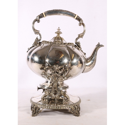 67 - Victorian ep spirit kettle, stand and burner of bulbous form, scroll handle raised on pierced suppor... 