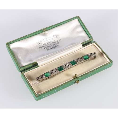 73 - Art Deco style white metal white stone and green stone brooch, 7cm long in Fenton Russell and Co Ltd... 