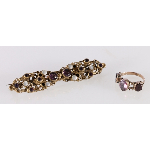 75 - Victorian pinchbeck brooch set with amethyst and mother of pearl, 7.5cm long and a unhallmarked yell... 