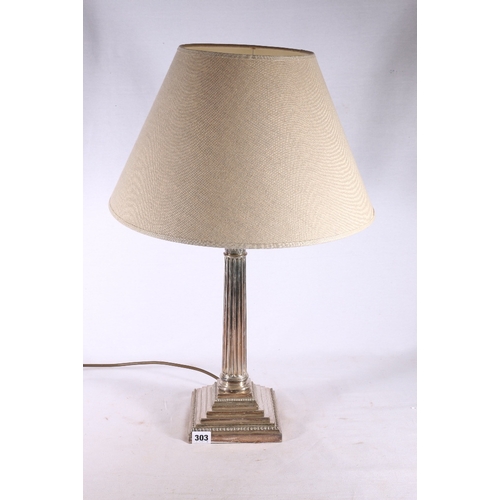 303 - Silver plated Corinthian column table lamp raised on stepped square base by Goldsmiths and Silversmi... 