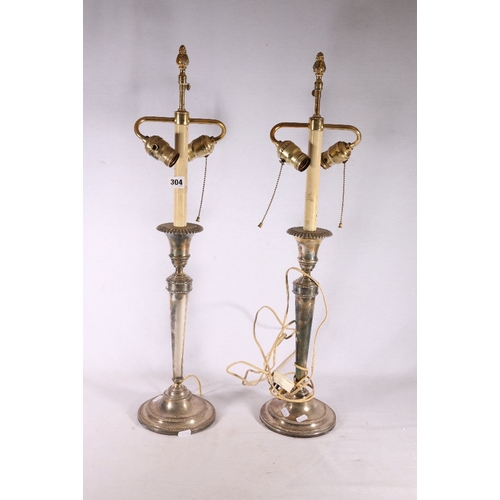 304 - Pair of silver plated table lights with pineapple finials and twin branches raised on socle bases, 7... 