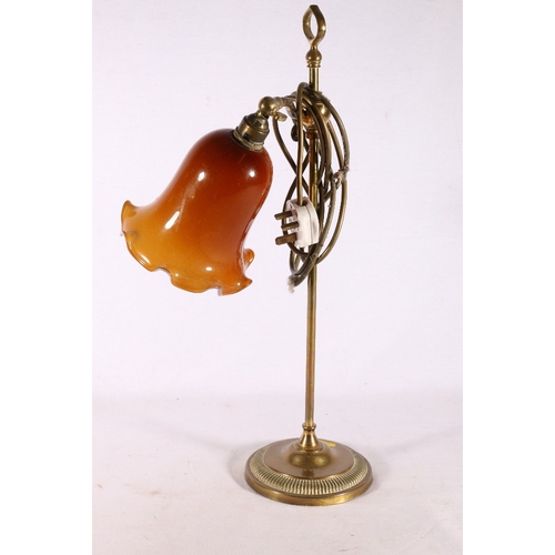 305 - Christopher Wray brass table lamp with amber glass trumpet shade raised on socle base, 53cm tall