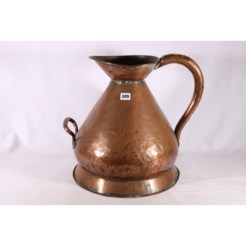 309 - Antique copper four gallon harvest jug measure, duty marks for 1907 with ER cyhper, 41cm tall