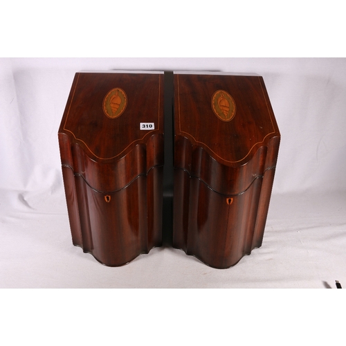 310 - Pair of mahogany and inlaid knife boxes converted to stationary boxes, the slop top with marquetry s... 