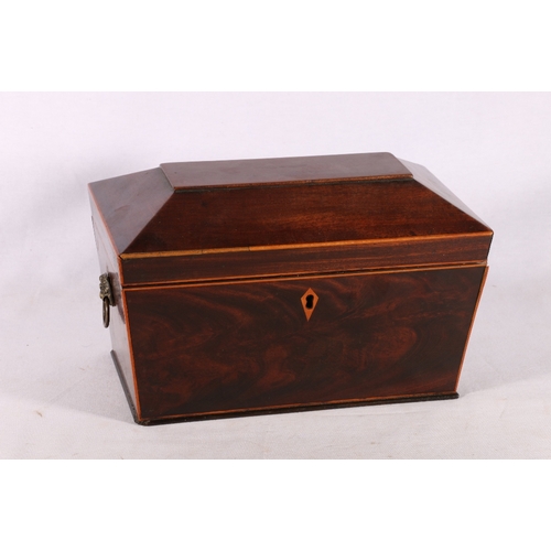 312 - 19th century mahogany and inlaid tea caddy of sarcophagus form, the interior with glass mixing bowl ... 