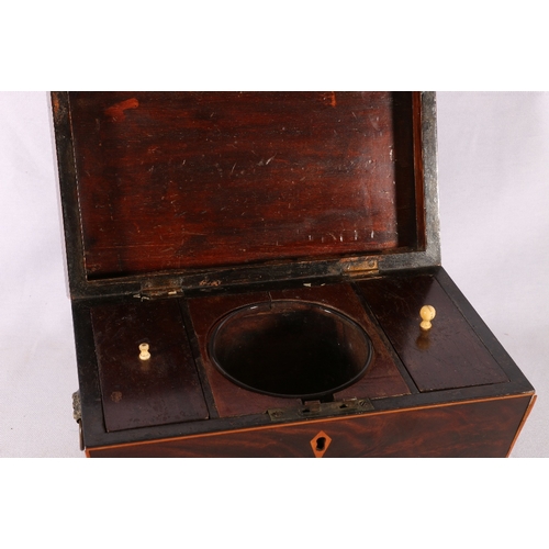 312 - 19th century mahogany and inlaid tea caddy of sarcophagus form, the interior with glass mixing bowl ... 