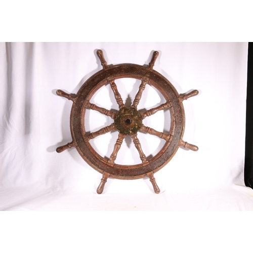 315 - Oak ships wheel iron inserts, 100cm across the handles