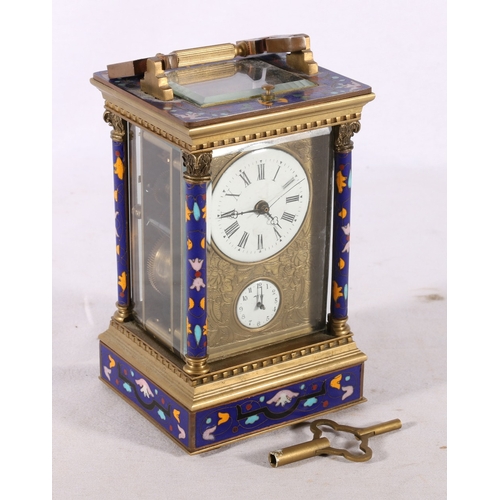 326 - French repeater carriage clock with cloisonne decoration to the columns and the borders, the enamel ... 