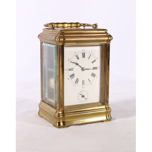 327 - 19th century repeater carriage clock in brass case, the enamel dial with Roman numerals and subsidia... 