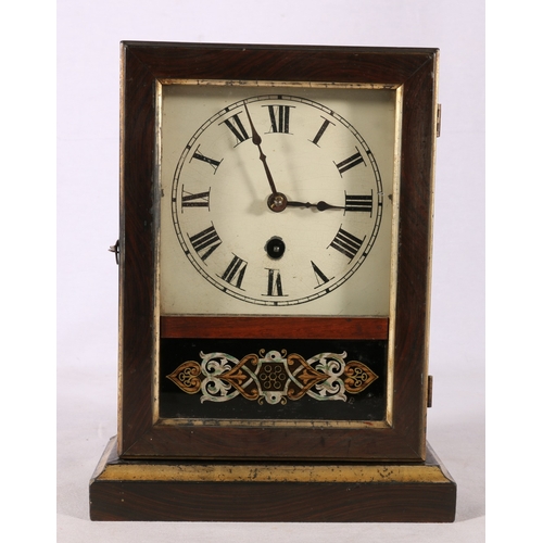 331 - 19th century mahogany and rosewood cased mantle clock with verre eglomise panel, the interior with l... 