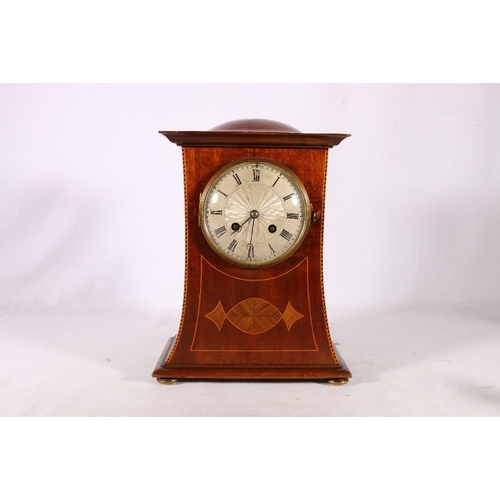 332 - Art Nouveau mahogany and inlaid mantle clock with domed top, silvered guilloche style dial with Roma... 