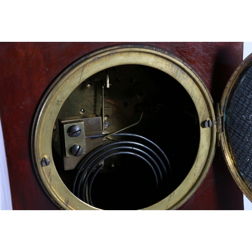 332 - Art Nouveau mahogany and inlaid mantle clock with domed top, silvered guilloche style dial with Roma... 