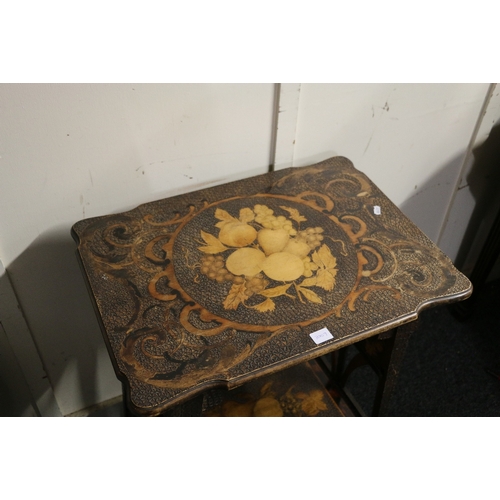 353 - Arts and Crafts pokerwork drop flap table decorated with sailing boat and fruit designs and all over... 