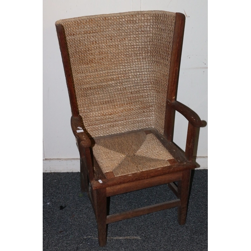 355 - Oak framed Orkney chair with rush seat, 106cm tall