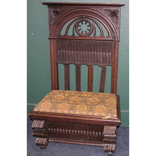 366 - 19th century carved oak hall chair with pierced octofoil back and finger carved panel, slip in seat,... 