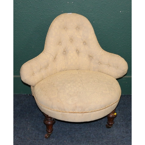 367 - Victorian ladies chair with bell shaped back upholstered in floral patterned fabric raised on turned... 