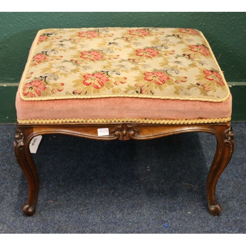 368 - 19th century mahogany stool upholstered in floral patterned tapestry raised on french cabriole legs ... 