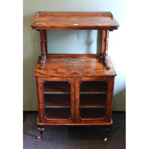 374 - Victorian rosewood, marquetry and string inlaid music cabinet with brass gallery rail raised on cast... 