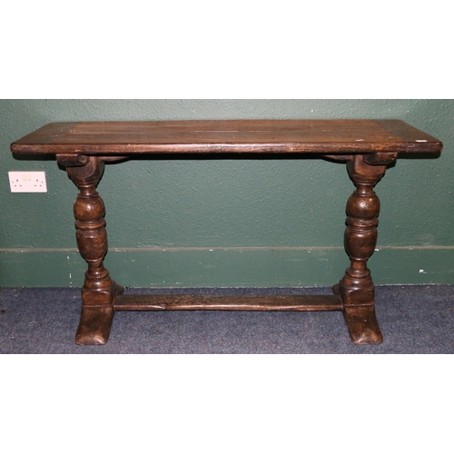 376 - 19th century rustic oak refectory style side table raised on trestle base with turned columns united... 