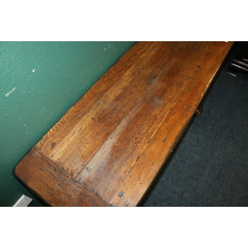 376 - 19th century rustic oak refectory style side table raised on trestle base with turned columns united... 