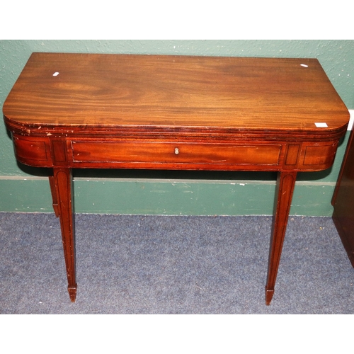 377 - 19th century mahogany turn over tea table with single frieze drawer raised on square tapering suppor... 