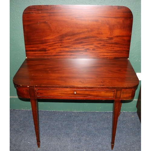 377 - 19th century mahogany turn over tea table with single frieze drawer raised on square tapering suppor... 