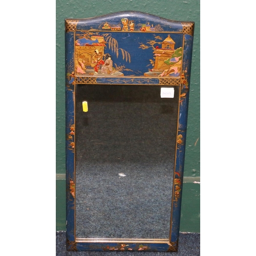 380 - Chinoiserie lacquered trumeau wall mirror decorated with Chinese figures and temple, 65cm x 30cm&nbs... 