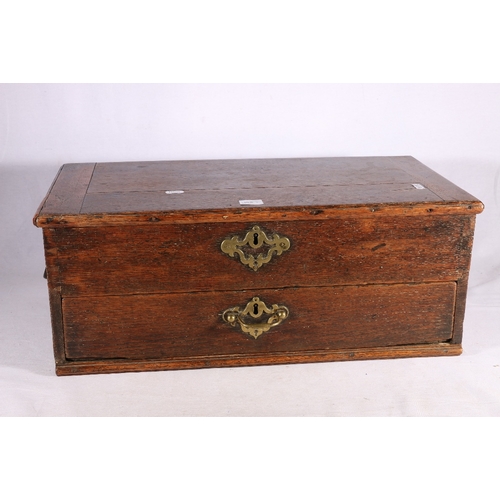 381 - Georgian oak chest with hinge top and base drawer, label for James Bullall Ironmonger and Brazier of... 