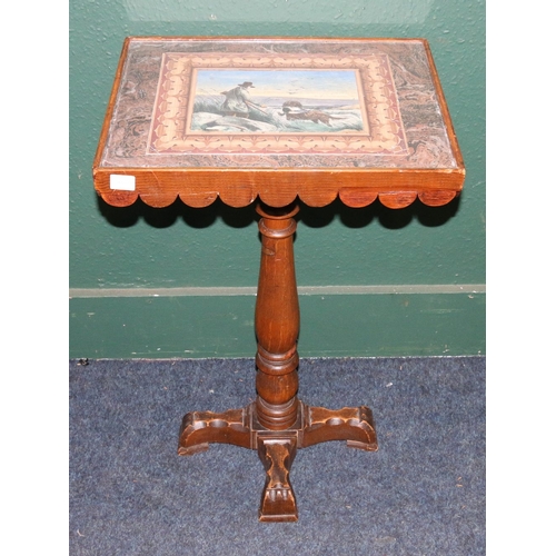 382 - 19th century scumbled pine pedestal table with hand coloured gun dog engraving inset to the top surf... 