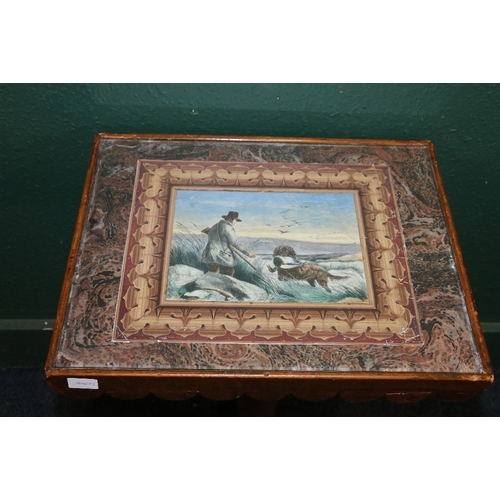 382 - 19th century scumbled pine pedestal table with hand coloured gun dog engraving inset to the top surf... 