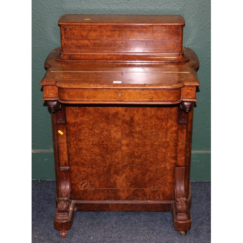 385 - Victorian burr walnut and marquetry inlaid Davenport desk, with hinged top stationary compartment, p... 