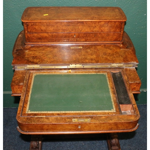 385 - Victorian burr walnut and marquetry inlaid Davenport desk, with hinged top stationary compartment, p... 