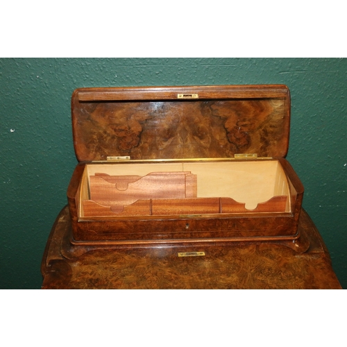 385 - Victorian burr walnut and marquetry inlaid Davenport desk, with hinged top stationary compartment, p... 