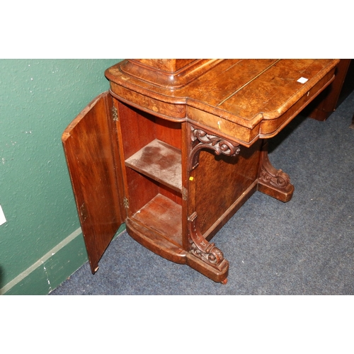 385 - Victorian burr walnut and marquetry inlaid Davenport desk, with hinged top stationary compartment, p... 