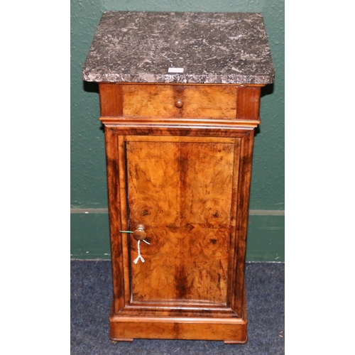 386 - 19th century square section walnut put cupboard with marble top, single frieze drawer above panel cu... 