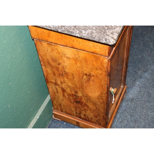 386 - 19th century square section walnut put cupboard with marble top, single frieze drawer above panel cu... 