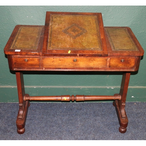 390 - Victorian rosewood desk, the pop up top with inset leather skivers raised one trestle base united by... 