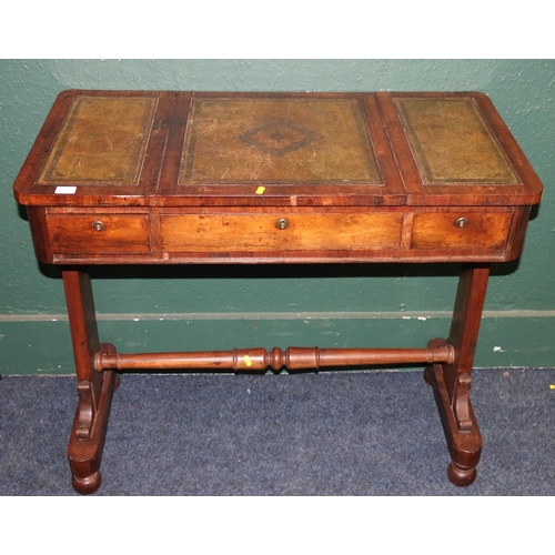 390 - Victorian rosewood desk, the pop up top with inset leather skivers raised one trestle base united by... 