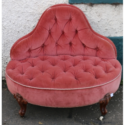 394 - Victorian Ladies chair with bell shaped back upholstered in pink button back fabric raised on ornate... 